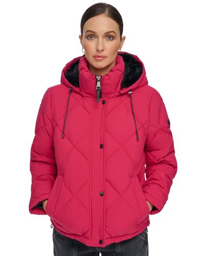 DKNY Diamond Quilted Hooded Puffer Coat - Red