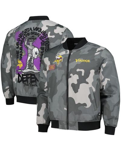 The Wild Collective And Distressed Minnesota Vikings Camo Bomber Jacket - Gray