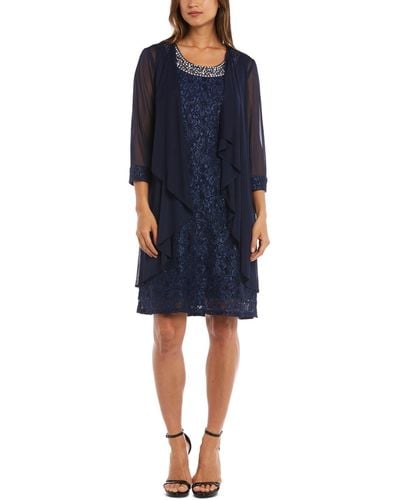 R & M Richards Petite Glitter Lace Dress & Waterfall Jacket - Blue