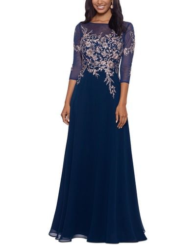 Betsy & Adam Petite Floral-embroidered Mesh Gown - Blue