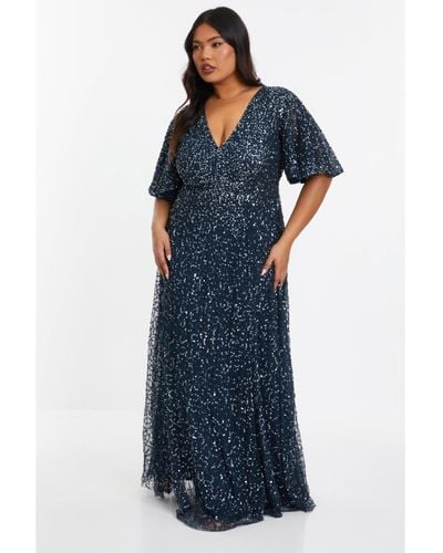 Quiz Plus Size Embellished Angel Sleeve Open Back Maxi Dress - Blue