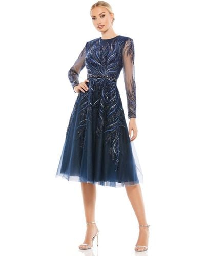 Mac Duggal Embellished Tea-length Illusion Cocktail Dress - Blue