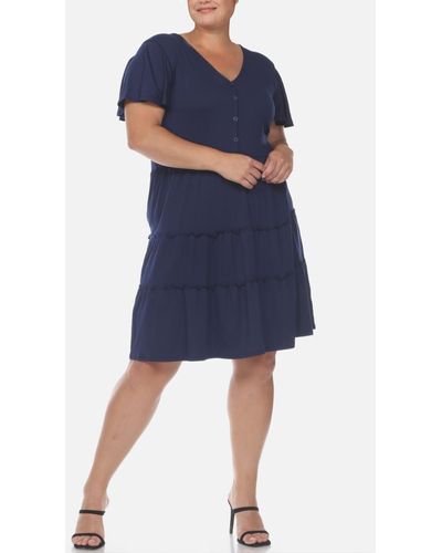 White Mark Plus Size Short Sleeve V-neck Tiered Midi Dress - Blue
