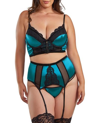 iCollection Lux Satin And Lace Garter 3 Piece Lingerie Set - Blue