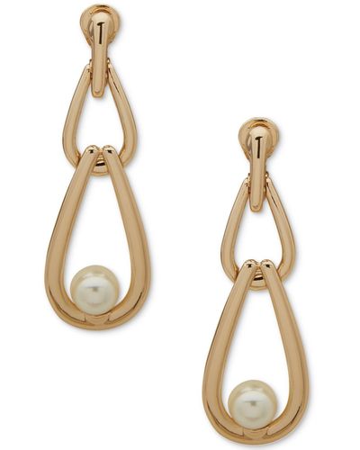 Anne Klein Gold-tone Link & Imitation Pearl Clip-on Linear Drop Earrings - Metallic