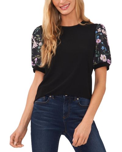 Cece Floral Mixed Media Short Puff Sleeve Knit Top - Black