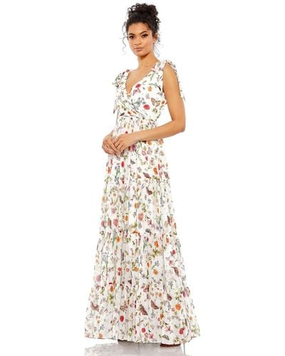 Mac Duggal Ieena Floral Print Sleeveless Soft Tie Shoulder Gown - Metallic