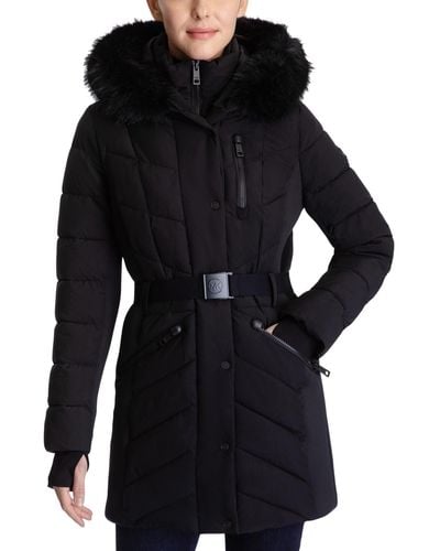 Michael Kors Michael Belted Faux-fur-trim Hooded Puffer Coat - Black