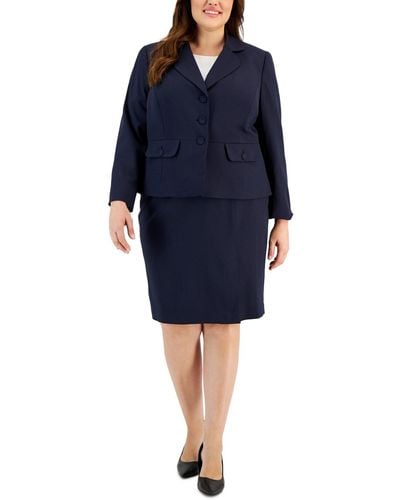 Le Suit Plus Size Tonal-check-print 3-button Skirt Suit - Blue
