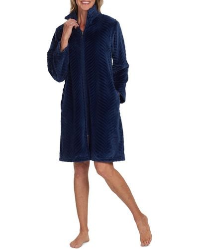 Miss Elaine Solid Long-sleeve Short Zip Fleece Robe - Blue