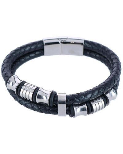 Trafalgar Silver And Leather Double Band Secure Clasp Bracelet - Blue