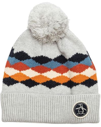 Original Penguin Jacquard Knit Cuff Pom Beanie Hat - Gray
