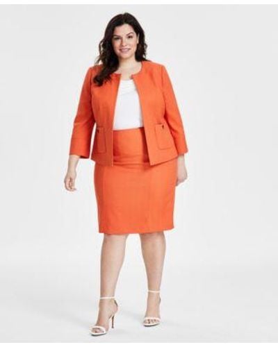 Kasper Plus Size Open Front Blazer Cowl Neck Top Textured Skirt - Orange