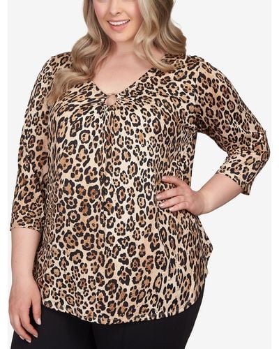 Ruby Rd. Plus Size Cheetah O-ring Dew Drop Accent Top - Brown
