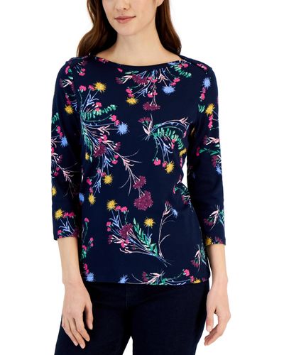 Style & Co. Printed 3/4 Sleeve Pima Cotton Boat-neck Top - Blue