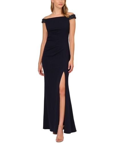Adrianna Papell Beaded-trim Off-the-shoulder Gown - Blue