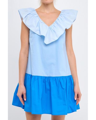 English Factory Colorblock Ruffled Shift Dress - Blue