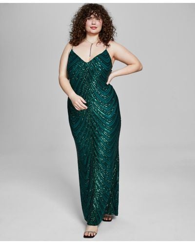 B Darlin Trendy Plus Size Sequined V-neck Sleeveless Gown - Green