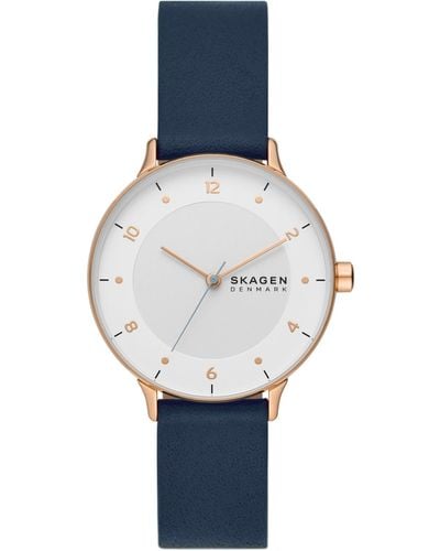 Skagen Three-hand Quartz Riis Leather Watch 36mm - Blue