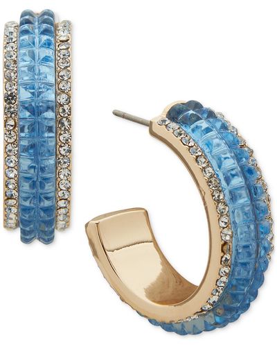 Anne Klein Gold-tone Small Pave & Color Stone C-hoop Earrings - Blue