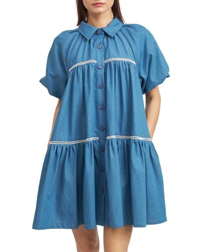 En Saison Tara Puff-sleeve Babydoll Shirtdress - Blue
