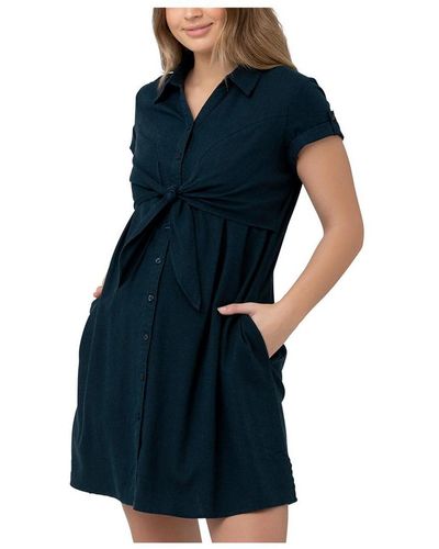 Ripe Maternity Maternity Colette Short Sleeve Tie Up Linen Dress - Blue