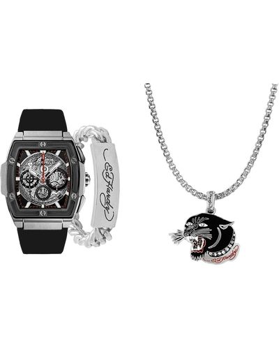 Ed Hardy Black Textured Silicone Strap Watch 48mm Gift Set - White