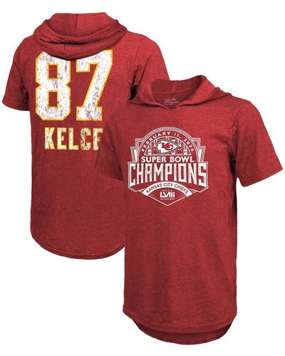 Majestic Threads Travis Kelce Distressed Kansas City Chiefs Super Bowl Lviii Player Name And Number Tri-blend Hoodie T-shirt - Red