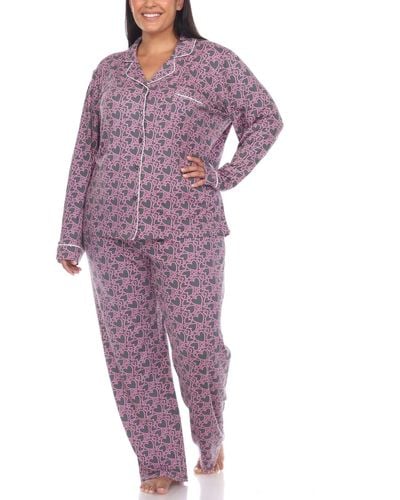 White Mark Plus Size 2 Piece Long Sleeve Heart Print Pajama Set - Purple