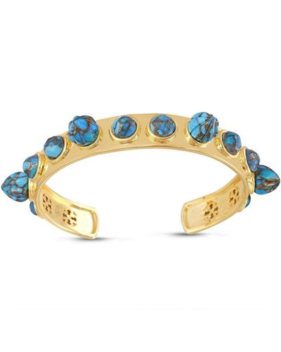 LuvMyJewelry Sea Breeze Design Turquoise Gemstone Gold Plated Silver Studded Cuff - White