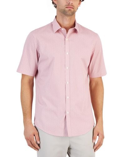 Alfani Geometric Stretch Button-up Short-sleeve Shirt - Pink