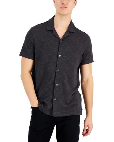 Alfani Slub Pique Textured Short-sleeve Camp Collar Shirt - Black