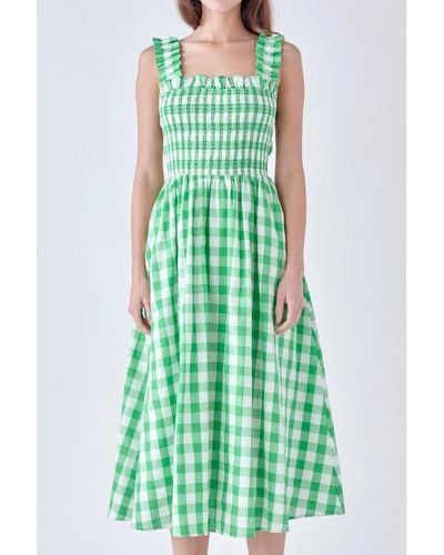 English Factory Check Print Smocked Dress - Green