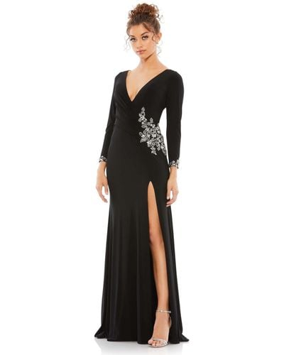 Mac Duggal Ieena Floral Embellished Faux Wrap Jersey Gown - Black
