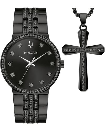Bulova Classic Crystal -tone Stainless Steel Bracelet Watch 40mm Gift Set - Black