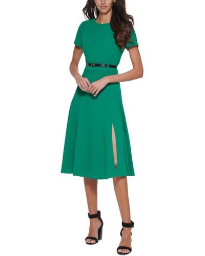 Calvin Klein Short Sleeve A-line Midi Dress With Belt - Green