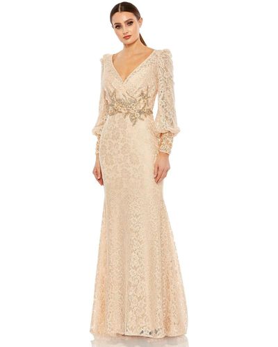 Mac Duggal Lace Long Sleeve V Neck Embellished Gown - Natural