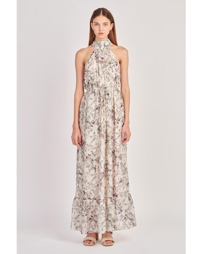 English Factory Abstract Floral Print Halter Maxi Dress - White