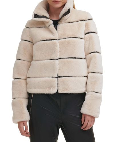 Karl Lagerfeld Faux-leather Trim Faux-fur Short Coat - Natural