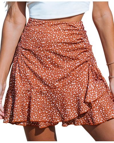 CUPSHE Brick Red Floral Ditsy Asymmetrical Ruffle Mini Skirt