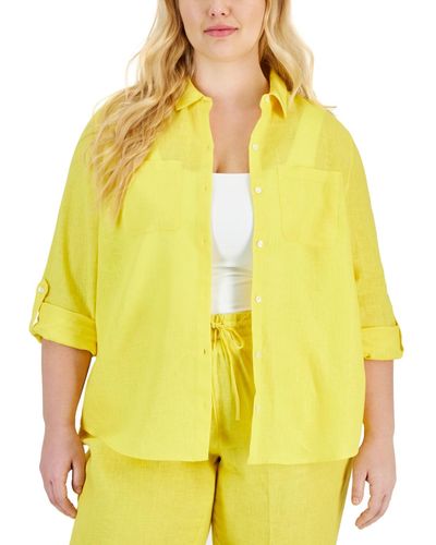 Charter Club Plus Size 100% Linen Roll-tab Shirt - Yellow