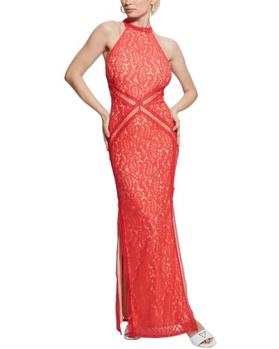 Guess New Liza Lace Halter Sleeveless Gown - Red