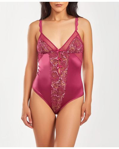 iCollection 1 Piece Stretch Satin And Lace Lingerie Bodysuit - Purple