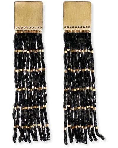 INK+ALLOY Ink+alloy Harlow Brass Top Solid With Gold Stripe Beaded Fringe Earrings - Black