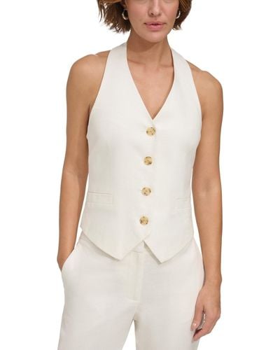 DKNY Petite Linen-blend Halter-neck Button-front Vest - White