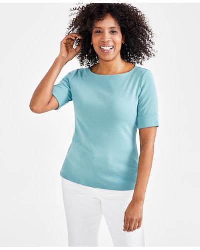 Style & Co. Petite Cotton Elbow-sleeve Boat-neck Top - Blue