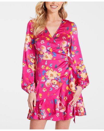 Guess Long-sleeve Floral Wrap Dress - Pink
