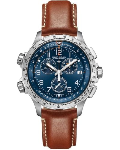 Hamilton Swiss Chronograph Khaki X-wind Gmt Leather Strap Watch 46mm - Blue