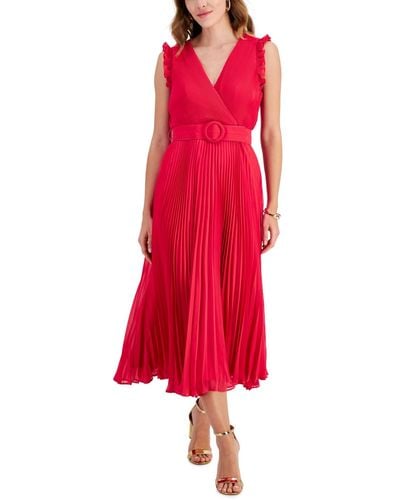 Taylor Belted Pleated Chiffon Midi Dress - Red