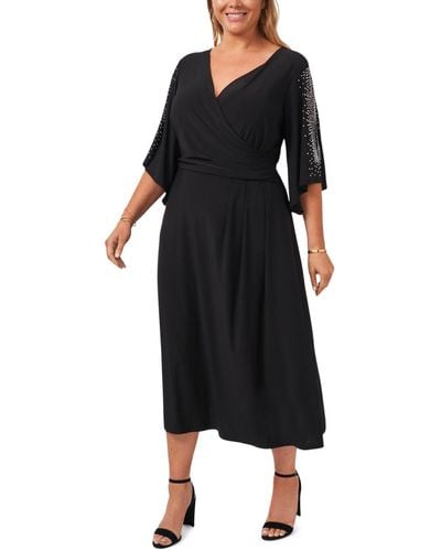 Msk Plus Size Surplice-neck Rhinestone-sleeve Dress - Black